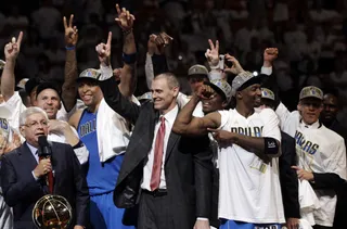 The Coach Celebrates - Dallas Mavericks head coach Rick Carlisle celebrates.&nbsp; (Photo: AP Photo/David J. Phillip)