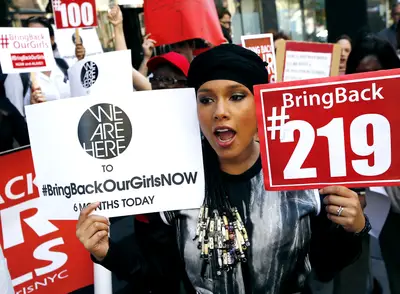 Alicia Keys Holds Protests on 6-Month Anniversary - To raise awareness about the six-month anniversary of the kidnapping, award-winning musician and philanthropist Alicia Keys held a protest in New York City on Oct. 14. &quot;Today is my son's birthday and it is also making me stand in solidarity with all the mothers of the Chibok girls who have been abducted for six months and are still missing. And it is just outrageous that that's going on,&quot; the performer told AP.(Photo: Kathy Willens/AP Photo)
