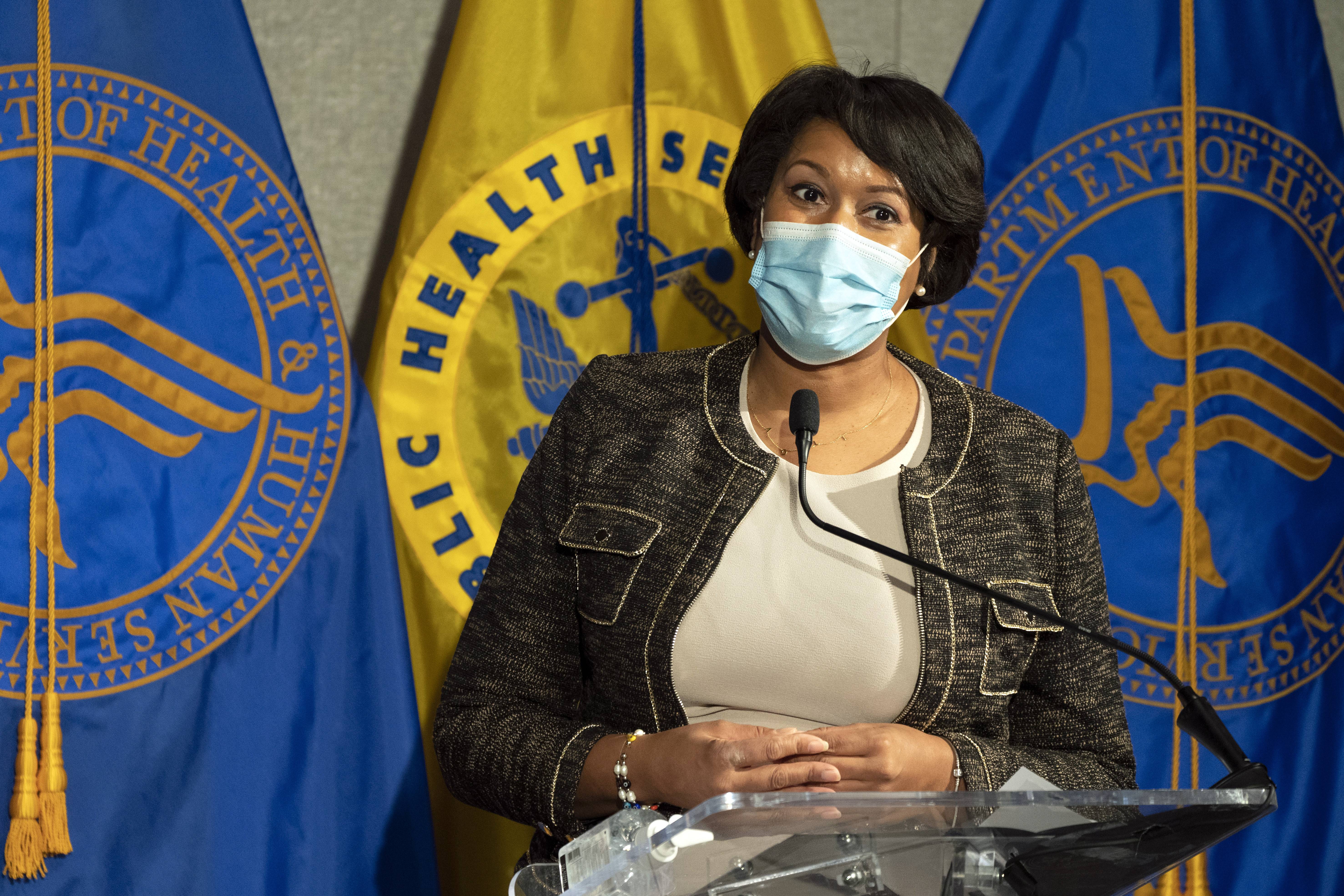 District of Columbia Mayor Muriel Bowser speaks during a news conference about the COVID-19 vaccine with Health and Human Services Secretary Alex Azar and Surgeon General Jerome Adams at George Washington University Hospital, Monday, Dec. 14, 2020, in Washington. (AP Photo/Jacquelyn Martin, Pool)