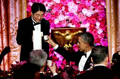 Cheers! - In his sake toast to the Japanese prime minister, the president offered this attempt at a haiku:Spring green in friendship United States and Japan Nagoyaka ni&nbsp;which means harmonious feelingPerhaps Obama shouldn't quit his day job?   (Photo: Alex Wong/UPI/Landov)