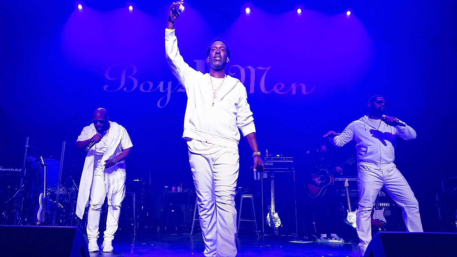 (L-R) Wanya Morris, Shawn Stockman and Nathan Morris of Boyz II Men perform onstage at BleauLive at Fountainbleau Miami Beach on December 18, 2021 in Miami Beach, Florida. 
