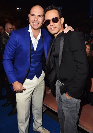 Fuego! - Recording artists Pitbull and Marc Anthony attend the 14th Annual Latin GRAMMY Awards at the Mandalay Bay Events Center in Las Vegas. (Photo: Lester Cohen/WireImage)
