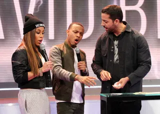 Whoa! - Bow Wow and Keshia Chanté can't believe their eyes when David Blaine finishes his magic trick on 106. (Photo: Bennett Raglin/BET/Getty Images for BET)