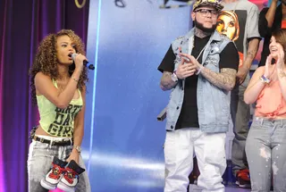 Me Too - After Terrence J changes sneakers to keep up with Starshell's sneaker game, Starshell decides to donate Terrence J's sneakers to an audience member at 106 &amp; Park, July 24, 2012. (Photo: John Ricard / BET)