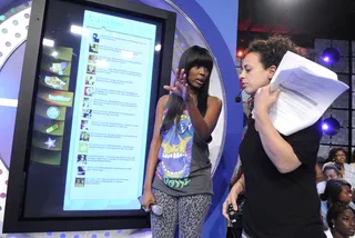 Here's the Plan - DJ AngelBaby studies with a producer on how to use the Twitter board at 106 &amp; Park, July 23, 2012. (Photo: John Ricard / BET)