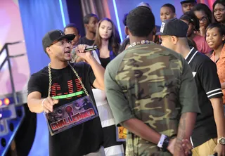 &nbsp;Going In - Freestyle Friday round two: Buddy Lo vs Bugatti Blaze at 106 &amp; Park, July 20, 2012. (Photo: John Ricard / BET)