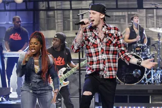 New Kids on the Block - Machine Gun Kelly is joined by singer songwriter Ester Dean for a performance of their inspirational single &quot;Invincible&quot;on TheTonight Show with Jay Leno.   (Photo: Margaret Norton/NBC/NBCU Photo Bank)