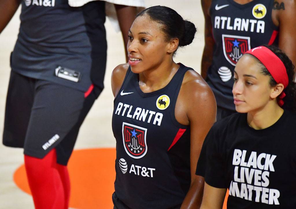 PALMETTO, FLORIDA - SEPTEMBER 09: Betnijah Laney #44 of the Atlanta Dream walks off the court next to Jaylyn Agnew after a 97-89 win over the Chicago Sky at Feld Entertainment Center on September 09, 2020 in Palmetto, Florida. NOTE TO USER: User expressly acknowledges and agrees that, by downloading and or using this photograph, User is consenting to the terms and conditions of the Getty Images License Agreement. (Photo by Julio Aguilar/Getty Images)
