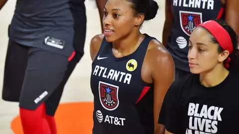 PALMETTO, FLORIDA - SEPTEMBER 09: Betnijah Laney #44 of the Atlanta Dream walks off the court next to Jaylyn Agnew after a 97-89 win over the Chicago Sky at Feld Entertainment Center on September 09, 2020 in Palmetto, Florida. NOTE TO USER: User expressly acknowledges and agrees that, by downloading and or using this photograph, User is consenting to the terms and conditions of the Getty Images License Agreement. (Photo by Julio Aguilar/Getty Images)
