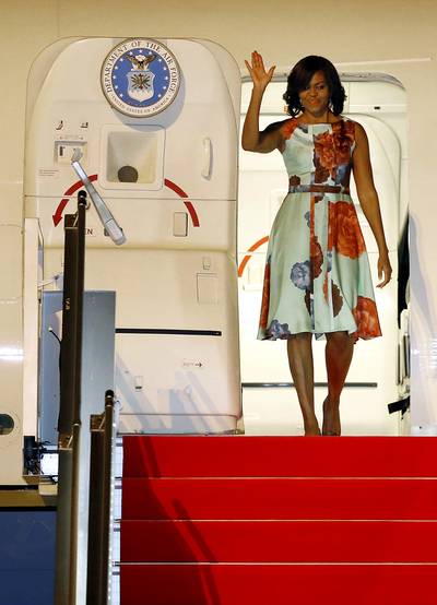 Dateline: Cambodia, March 20, 2015 - The first lady arrives at Siem Reap International Airport after a three-day visit to Japan.   (Photo: AP Photo/Wong Maye-E)