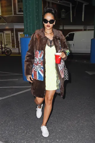 All Fur - Rihanna hit the New York streets in this furry get up while heading to a photo shoot. (Photo: TS, PacificCoastNews)