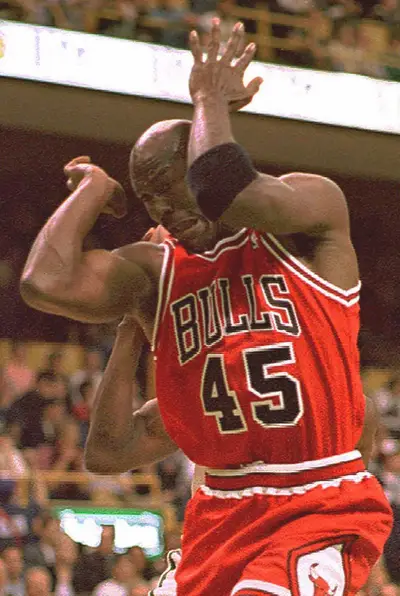 Michael Jordan of the Chicago Bulls shoots a jump shot against the News  Photo - Getty Images