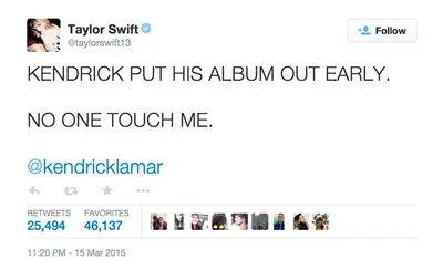 Taylor Swift,&nbsp;@taylorswift13 - Taylor Swift&nbsp;doesn't want to be interrupted while she's in her&nbsp;Kendrick&nbsp;zone.(Photo: Taylor Swift via Twitter)