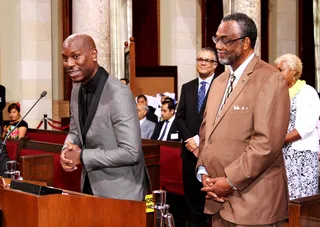 ALL EYES ON HIM - Tyrese Gibson took the floor and shared a few words during the City Council Resolution for Tyrese engagement.&nbsp;(Photo: Maury Phillips/BET/Getty Images for BET)