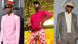 Tyler the Creator at the Grammys wearing Supreme Wool Overcoat, Louis  Vuitton Scarf & Converse Chuck Taylor All Star
