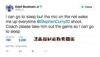 Odell Beckham Jr. - Ha!&nbsp;Steph&nbsp;wound up splashing in 10 three-pointers to wind up with a record 402 treys for the season.(Photo: Odell Beckham Jr via Twitter)