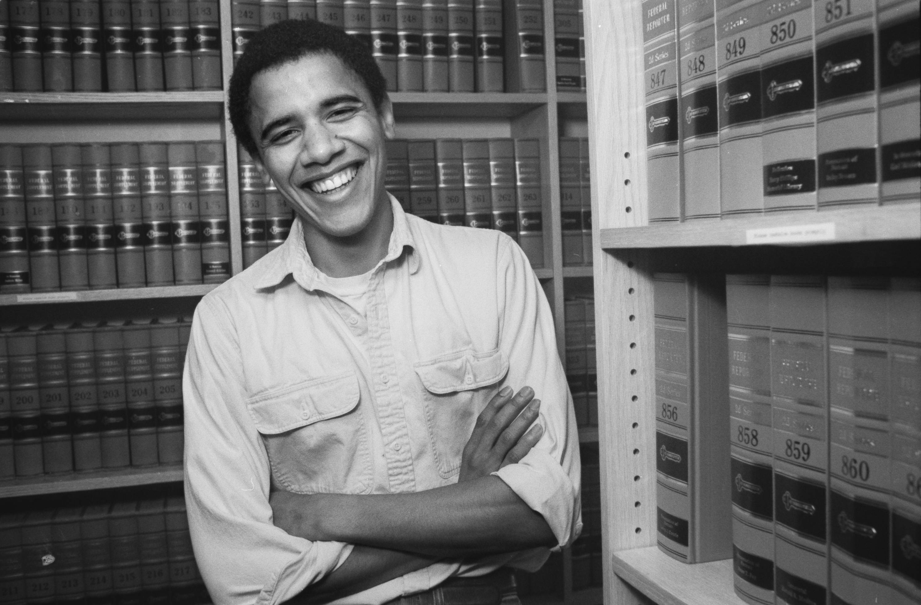 Barack Obama, graduate of Harvard Law School '91, is photographed on campus after was named head of the Harvard Law Review in 1990. (Photo by Joe Wrinn/Harvard University/Corbis via Getty Images)