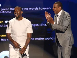 Power Moves - The Throne artists Kanye West (left) and Jay-Z accept the award for Video of the Year for Otis.(Photo: Michael Buckner/Getty Images For BET)