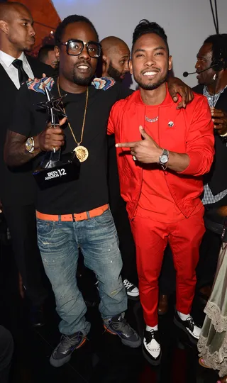Wale and Miguel - LOS ANGELES, CA - JULY 01: Rappers Wale and Miguel, winners of Best Collaboration award, attend the 2012 BET Awards at The Shrine Auditorium on July 1, 2012 in Los Angeles, California. (Photo:&nbsp; Jason Merritt/Getty Images For BET)