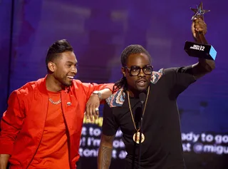 Too Gifted - Recording artists Miguel (left) and Wale accept the award for Best Collaboration on stage for Lotus Flower Bomb.&nbsp;(Photo: Michael Buckner/Getty Images For BET)