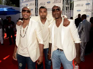 Tank, Ginuwine and Tyrese - TGT are all about taking off shirts, but for the red carpet they put on some very stylish ones: an off-white tee, plus matching sport coats.(Photo: Mark Davis/Getty Images for BET)