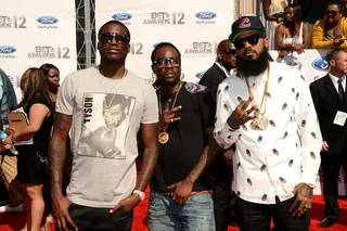 LOS ANGELES, CA - JULY 01: (C-R) Rappers Wale and Kyle Myrics arrive at the 2012 BET Awards at The Shrine Auditorium on July 1, 2012 in Los Angeles, California. (Photo: Jason Merritt/Getty Images For BET)