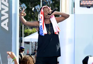 Dream Come True - A$AP Rocky gave a stellar close out performance with his tracks &quot;Goldie&quot; and &quot;Street Knock.&quot; The Harlem MC wore an American flag towel on his head and matching Jeremy Scott Wing Addidas sneakers.&nbsp;(Photo: Earl Gibson III/Getty Images For BET)