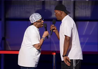 Director Spike Lee (L) and host Samuel L. Jackson perform onstage at day 3 of the 2012 BET Awards rehearsals held at The Shrine Auditorium on June 30, 2012 in Los Angeles, California.  (Photo: Michael Buckner/Getty Images For BET)