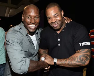 Brothers in Arms - Singer Tyrese Gibson and rapper Busta Rhymes bond on day two of the radio remote room backstage at the BET Awards, held at the Shrine Auditorium in Los Angeles.(Photo: Alberto E. Rodriguez/Getty Images For BET)