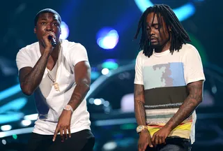 Rappers Meek Mill (L) and Wale perform onstage at day 3 of the 2012 BET Awards rehearsals held at The Shrine Auditorium on June 30, 2012 in Los Angeles, California.  (Photo: Michael Buckner/Getty Images For BET)