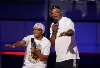 Director Spike Lee (L) and host Samuel L. Jackson perform onstage at day 3 of the 2012 BET Awards rehearsals held at The Shrine Auditorium on June 30, 2012 in Los Angeles, California.  (Photo: Michael Buckner/Getty Images For BET)