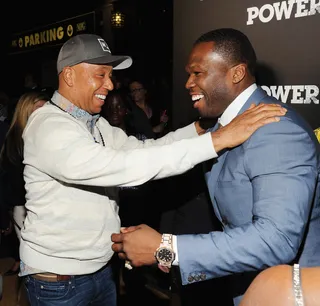 Congratulations! - Russell Simmons&nbsp;shows love to longtime friend&nbsp;Curtis '50 Cent' Jackson at the premiere after party for his new TV series Power at Highline Ballroom in New York City. (Photo: Bryan Bedder/Getty Images for Starz)
