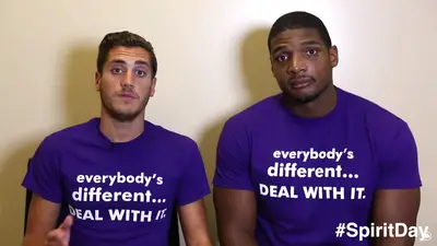 Michael Sam - Michael Sam (right) was the first openly gay football player to enter the NFL draft. He created a #SpiritDay video with ex-boyfriend Vito Cammisano.   (Photo: Vito Cammisano via YouTube.com)