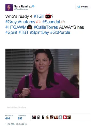 Sara Ramirez - The actress plays bisexual character Calliope Torres on Grey's Anatomy.   (Photo: Sara Ramirez via Twitter via ABC)