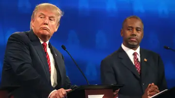 BOULDER, CO - OCTOBER 28:  Presidential candidate Donald Trump pauses while Ben Carson  looks on during the CNBC Republican Presidential Debate at University of Colorados Coors Events Center October 28, 2015 in Boulder, Colorado.  Fourteen Republican presidential candidates are participating in the third set of Republican presidential debates.  (Photo by Justin Sullivan/Getty Images)