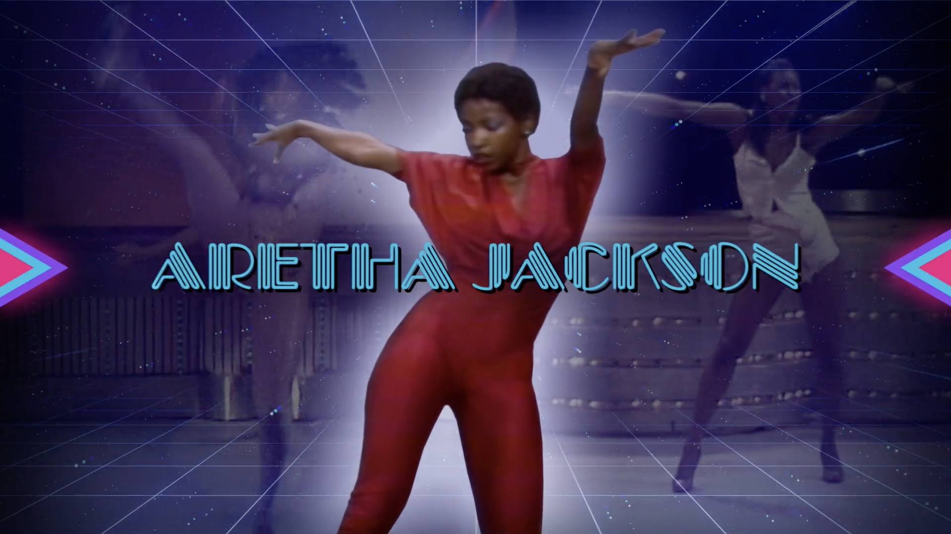 Soul Train dancer Aretha Franklin, dancing in a red outfit.