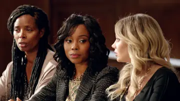 Actresses Erica Ash as Gwen Sullivan, Tasha Smith as Donielle Lyons, Megan Hutchings as Tracy Camnbell on set of episode 105 of BET's In Contempt.