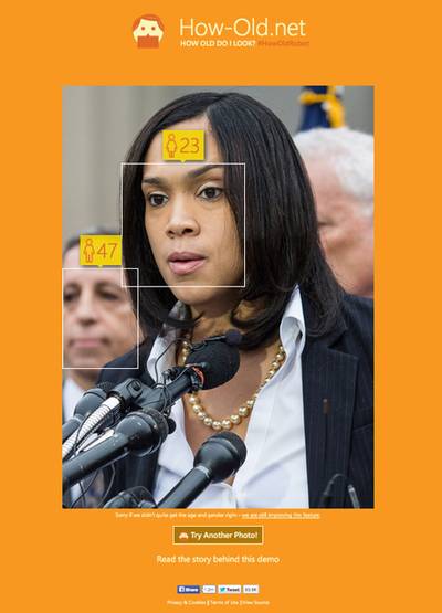 Marilyn Mosby - Real Age: 35How-Old.net: 23Baltimore City State's Attorney was the youngest district attorney in America at the time of her election in January. Don't mistake her youthful looks for naiveté — She means business.(Photo: Andrew Burton/Getty Images / How-old.net)