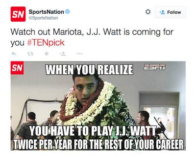 SportsNation @SportsNation - Yes, being selected by the Tennessee Titans&nbsp;means Marcus Mariota will have to avoid the pass rush from Houston Texans' star J.J. Watt. Good luck with that.&nbsp;(Photo: SportsNation via Twitter)