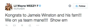 Lil Wayne @LilTunechi - Jameis Winston already has a fan in Lil Wayne.&nbsp;Weezy loves his sports.(Photo: Lil Wayne via Twitter)