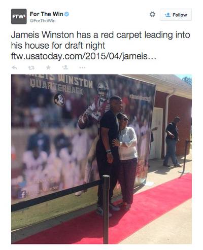 For The Win&nbsp;@ForTheWin - Jameis Winston skipped out on attending the draft in Chicago. Instead, he brought the draft to his Alabama hometown. (Photo: For The Win via Twitter via Melissa Y. Kim via Twitter)