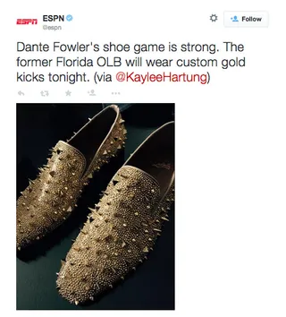 ESPN @ESPN - Outside linebacker Dante Fowler—selected third overall by the Jacksonville Jaguars—killed them with these gold shoes. Why not go all out for draft day?(Photo: ESPN via Twitter)