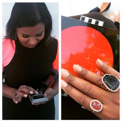 Mindy Kaling - The actress amps up her simple beige mani with stone rings from designer Kimberly McDonald. Way to accessorize, Mindy! (Photo: Mindy Kaling via Instagram)