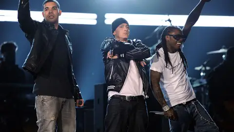Forever - Eminem knows how to collaborate with the right people at the right time. Last year, the MC teamed up with Lil Wayne, Drake for one of rap's hottest posse cuts, "Forever."(Photo by Kevin Winter/Getty Images)