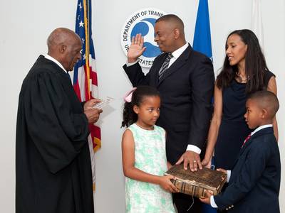 It's Official - Former Charlotte Mayor Anthony Foxx became the 17th transportation secretary during a swearing-in ceremony at his new headquarters on July 2. “Safety will remain our top priority at DOT,&quot; Foxx said in a statement. &quot;At the same time, I will work to improve the efficiency and performance of our current transportation system while building the infrastructure we need for future generations.&quot;   (Photo: Courtesy Department of Transportation)