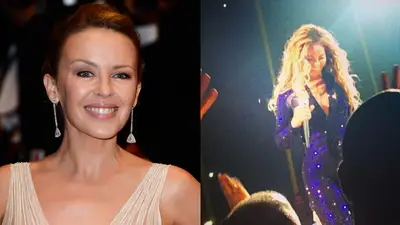 From One Icon to Another - Music icon Kylie Minogue loves her some Bey. The “Can’t Get You Outta My Head” singer posted an up-close-and-personal photo of Beyoncé in a midnight blue bedazzled catsuit with the caption, “#Beyonce … The Queen had her #beyhive buzzing… Flawless show. #Flawless!!!!”   (Photos: Pascal Le Segretain/Getty Images; Instagram via Kylie Minogue)