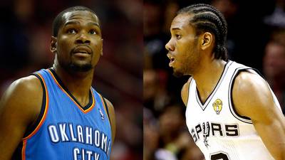 Kevin Durant Downplays Kawhi Leonard's Finals Performance - Kevin Durant doesn’t seem to be too impressed by San Antonio Spurs star and NBA Finals MVP Kawhi Leonard. When a Twitter user asked Durant if Leonard would be able to produce as a member of the Indiana Pacers, KD’s answer was surprising. “No,” Durant tweeted. “He doing work like this because of the system. Put Paul George on the spurs what would happen?” Durant, the reigning NBA MVP, later deleted his tweets about the Spurs’ rising star. It was Leonard and the Spurs who defeated Durant’s Oklahoma City Thunder in six games in the Western Conference Finals.