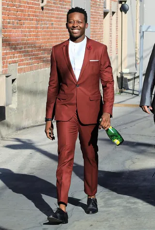 Suave Brandon - Brandon Micheal Hall carries a bottle of Perrier and wears a snappy suit for his appearance on Jimmy Kimmel Live!&nbsp;in Los Angeles.&nbsp;(Photo: Cathy Gibson, PacificCoastNews)