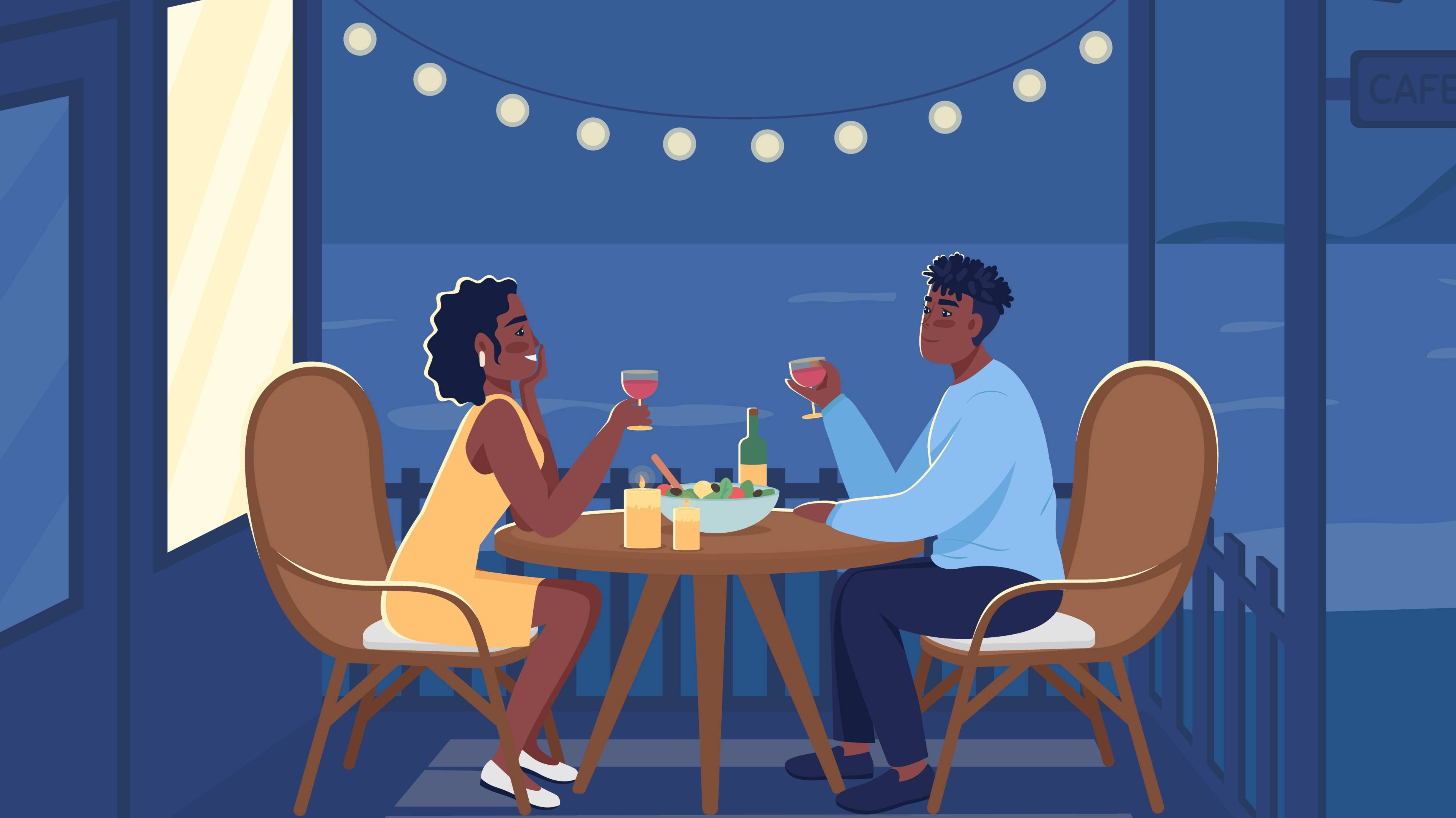 Illustration of boyfriend and girlfriend 2D cartoon characters with seaside landscape on background, romantic dinner. 