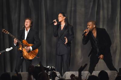 'Four Five Seconds' – Rihanna, Featuring Kanye West and Paul McCartney - Paul McCartney joined Roc Nations' wonder twins on &quot;FourFiveSeconds&quot; as he played the acoustic backdrop while Rihanna and Kanye West&nbsp;went on a lovers' quarrel and landed all three superstars another top-10 hit. &nbsp;&nbsp;(Photo: Larry Busacca/Getty Images for NARAS)